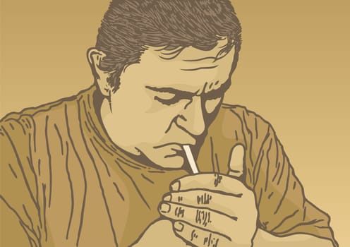 Sketch of man lighting a cigarette on beige background