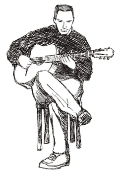 Rough sketch of young acoustic guitar performer