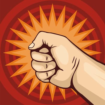 Illustration of fist line-art on dark red background and a yellow burst