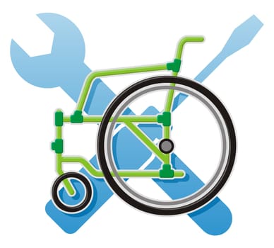 Generic wheelchair icon over screwdriver and wrench