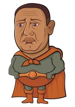 Overweight middle-aged super hero cartoon looking sad