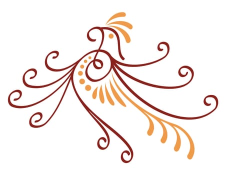 Dark red and orange bird decorative icon with calligraphic lines.