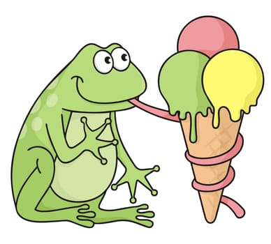 Smiling frog steals an ice-cream cone with his tongue.