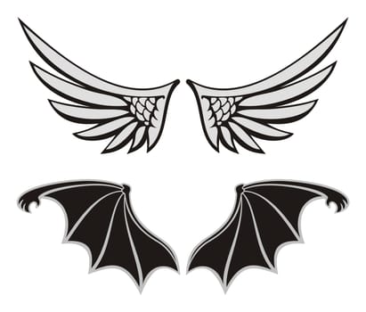 Symmetric wing shaped design elements on white background, angel and devil wings.