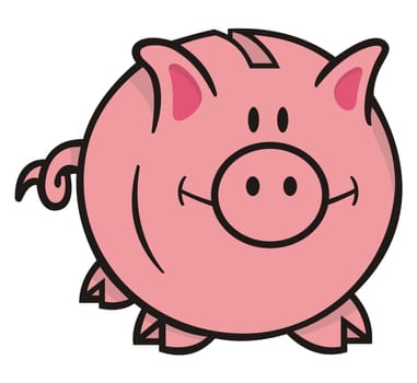 Smiling pink piggy bank cartoon illustration on white background looking front.