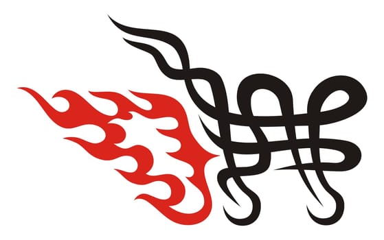 Tribal black shopping cart icon with red flame on white background.