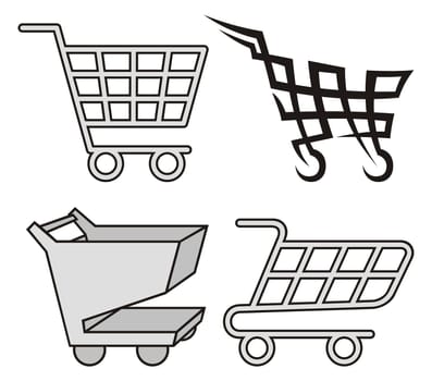 Four black and gray shopping cart icons on white background.