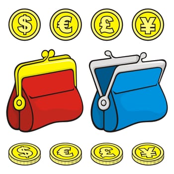Red and blue coin purse wallet icons closed and open with coins.
