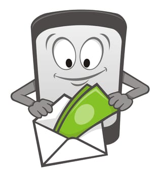 Cartoon mobile phone with money in an envelope.