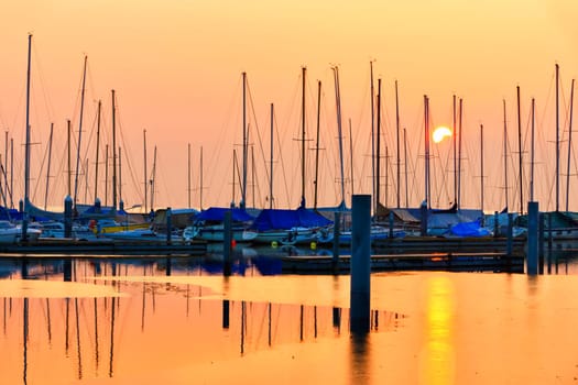 Sunset in the harbour of Estavayer le lac