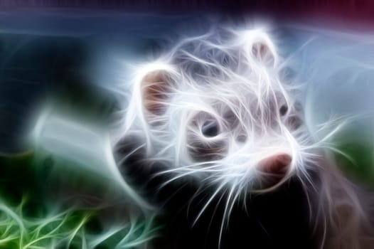 Zoomed ferret face with dirty nose looking somewere