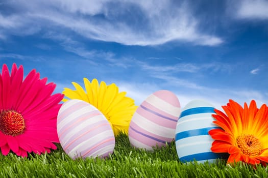colorful Easter eggs with gerbera flowers