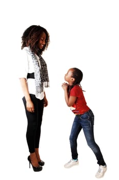 A small black sister begging the big one for white background.
