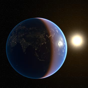 Dark side of earth, only lit by the bright city lights of Asia. Earth maps courtesy of NASA: http://visibleearth.nasa.gov/