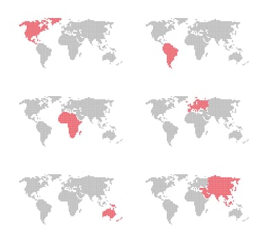 6 world maps with continents made of pixels