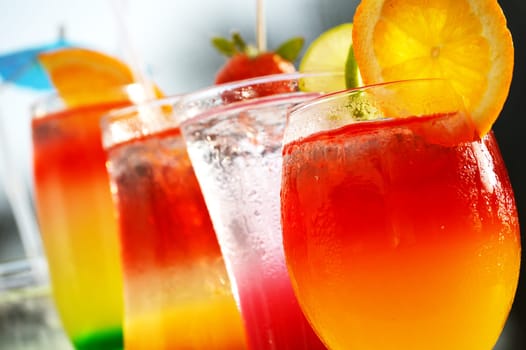 Composition with five glasses of drinks