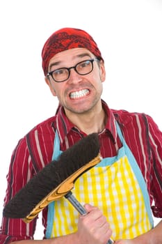 angry man with broom