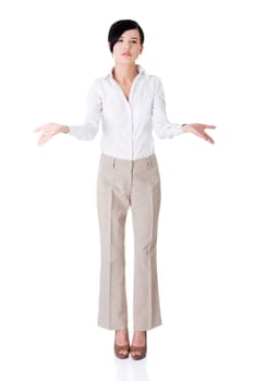 Beautiful business woman showing copy space , isolated on white