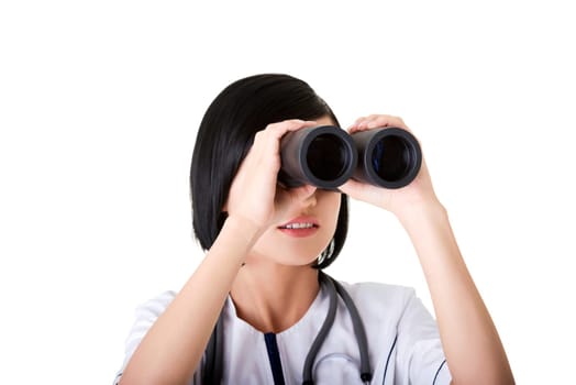 Atractive medical girl looking through binoculars isolated on white background