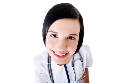 Nurse or young doctor standing smiling. Isolated on white background.