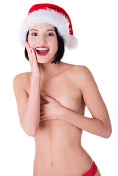 Sexy ,fit ,topless santa girl, isolated on white