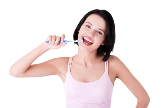 Woman with great teeth holding tooth brush, isolated