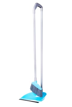 Blue broom and scoop isolated on white