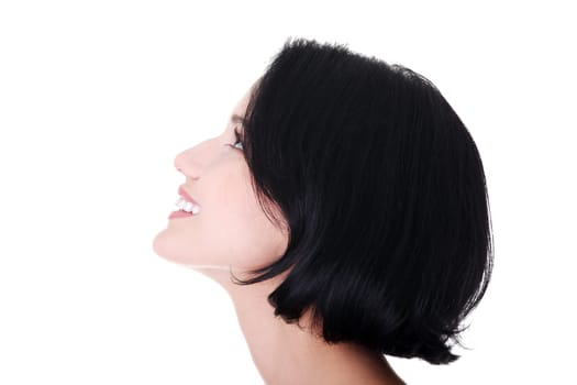 Shocked and excited woman looking up, isolated on white