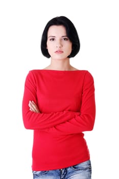 Serious girl portrait, isolated on white