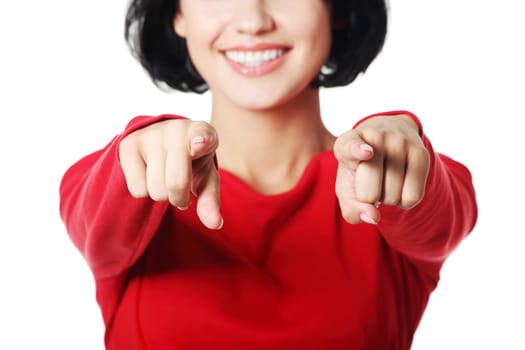 Young beautiful caucasian woman pointing on you ,isolated on white