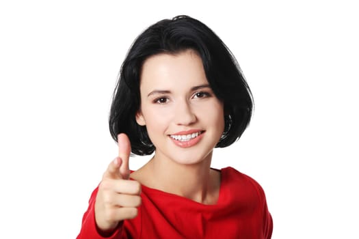 Young beautiful caucasian woman pointing on you ,isolated on white
