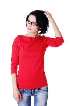 Thoughtful woman with problem, isolated on white