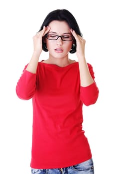 Young sad woman have  headache , over white background