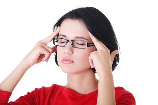 Young sad woman have  headache , over white background