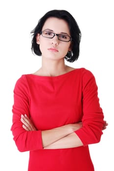 Serious girl portrait, isolated on white