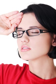 Young sad woman have  headache , over white background