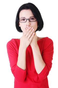 Young woman covering her mouth, isolated on white