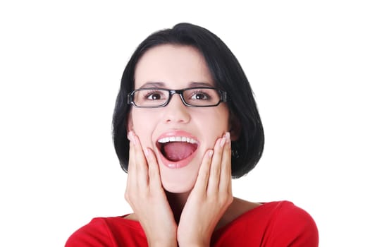 Shocked and excited woman looking up, isolated on white
