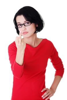 Teen girl with middle finger up, isolated on white background
