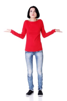 Young female gesturing do not know sign ,against white background
