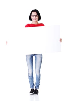 Portrait young happy woman with blank board , isolated on white