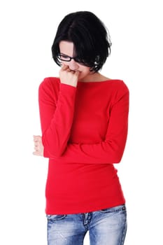 Thoughtful woman with problem, isolated on white