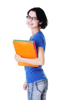 Happy student woman with notebooks, isoalted on white background