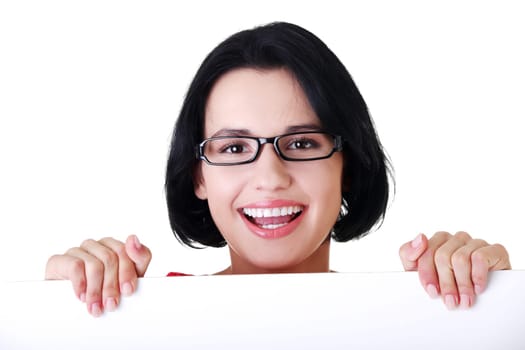 Portrait young happy woman with blank board , isolated on white