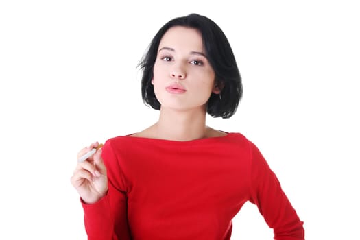 Young woman smoking electronic cigarette (ecigarette), isolated on white
