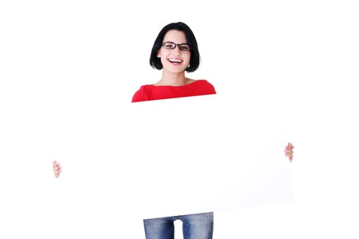 Portrait young happy woman with blank board , isolated on white