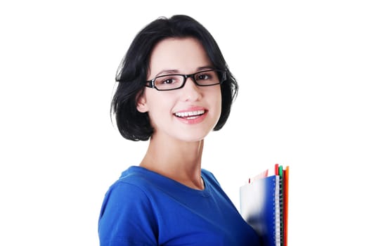 Happy student woman with notebooks, isoalted on white background