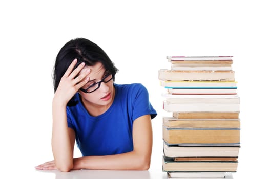 Sad female student with learning difficulties , isolated on white