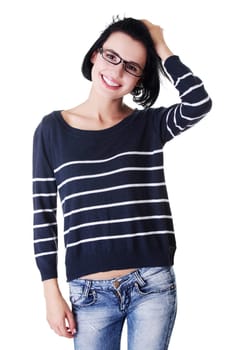 Portrait of beautiful young woman ( student ) in casual clothes, isolated on white