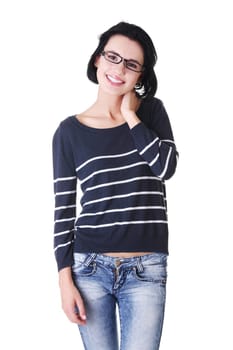 Portrait of beautiful young woman ( student ) in casual clothes, isolated on white